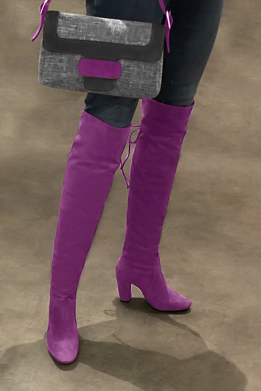 Mauve purple women's leather thigh-high boots. Round toe. High block heels. Made to measure. Worn view - Florence KOOIJMAN